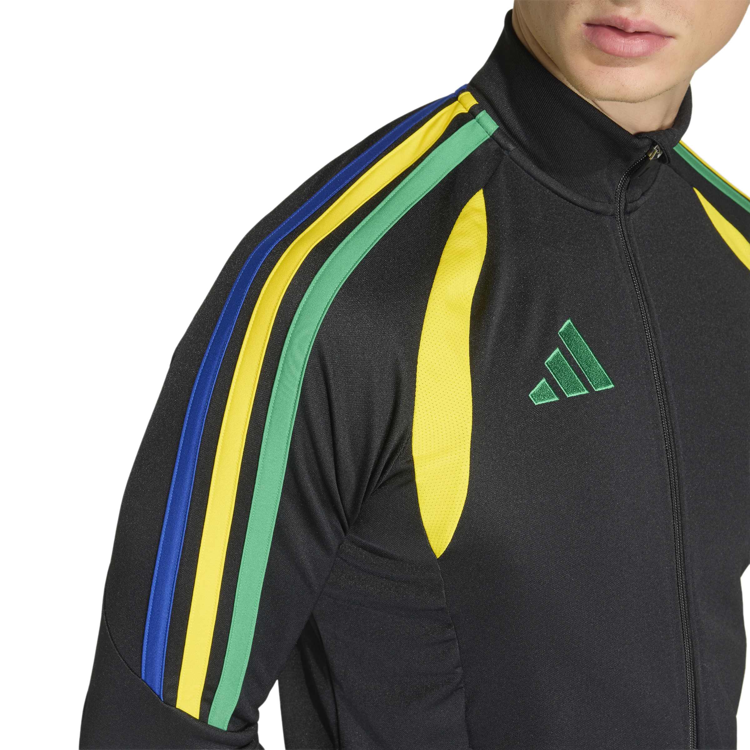 Vista lateral da jaqueta Adidas masculina preta com detalhes coloridos e zíper frontal